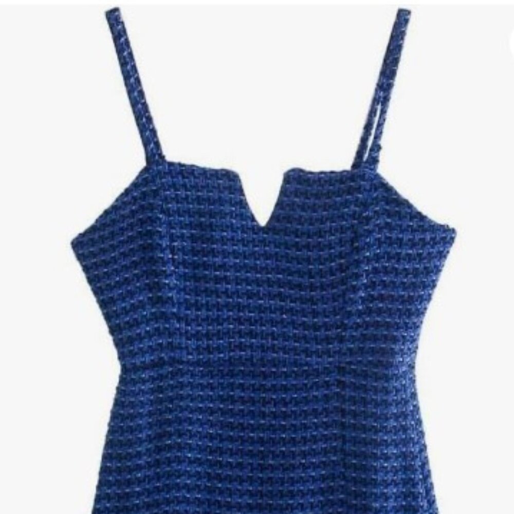 ZARA Blue Tweed Textured Mini Dress With Straps (Size M) - Picture 3 of 6